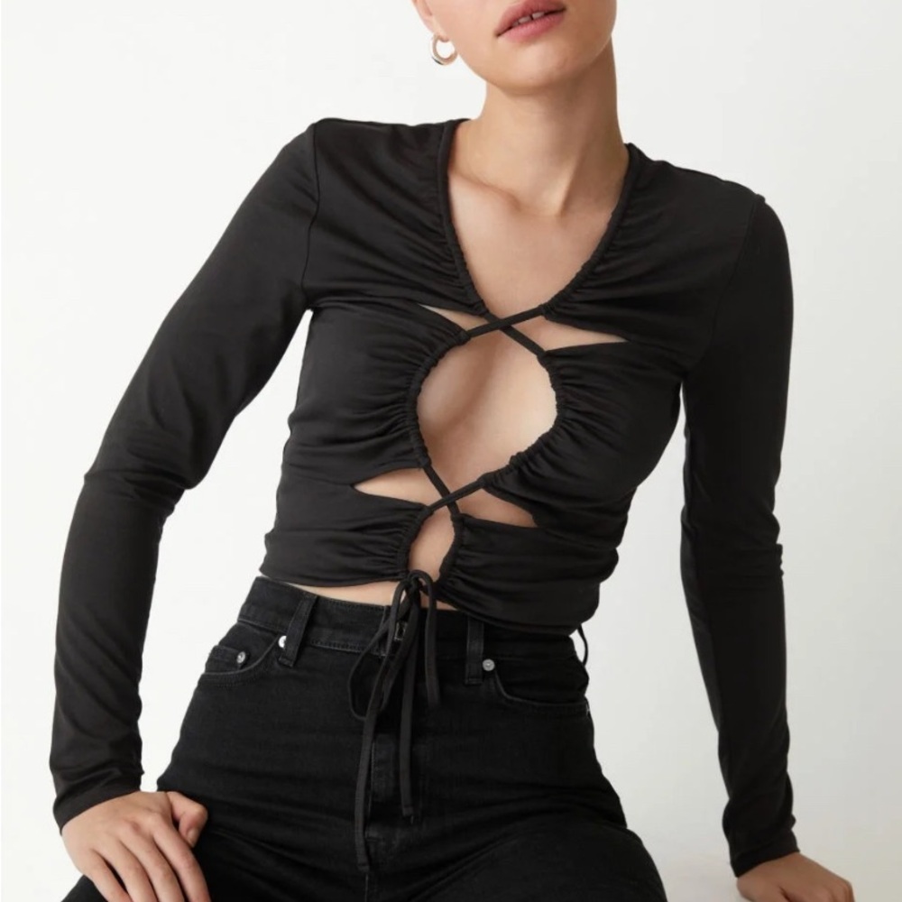 & Other Stories Black Ruched Top with Keyhole Detail
